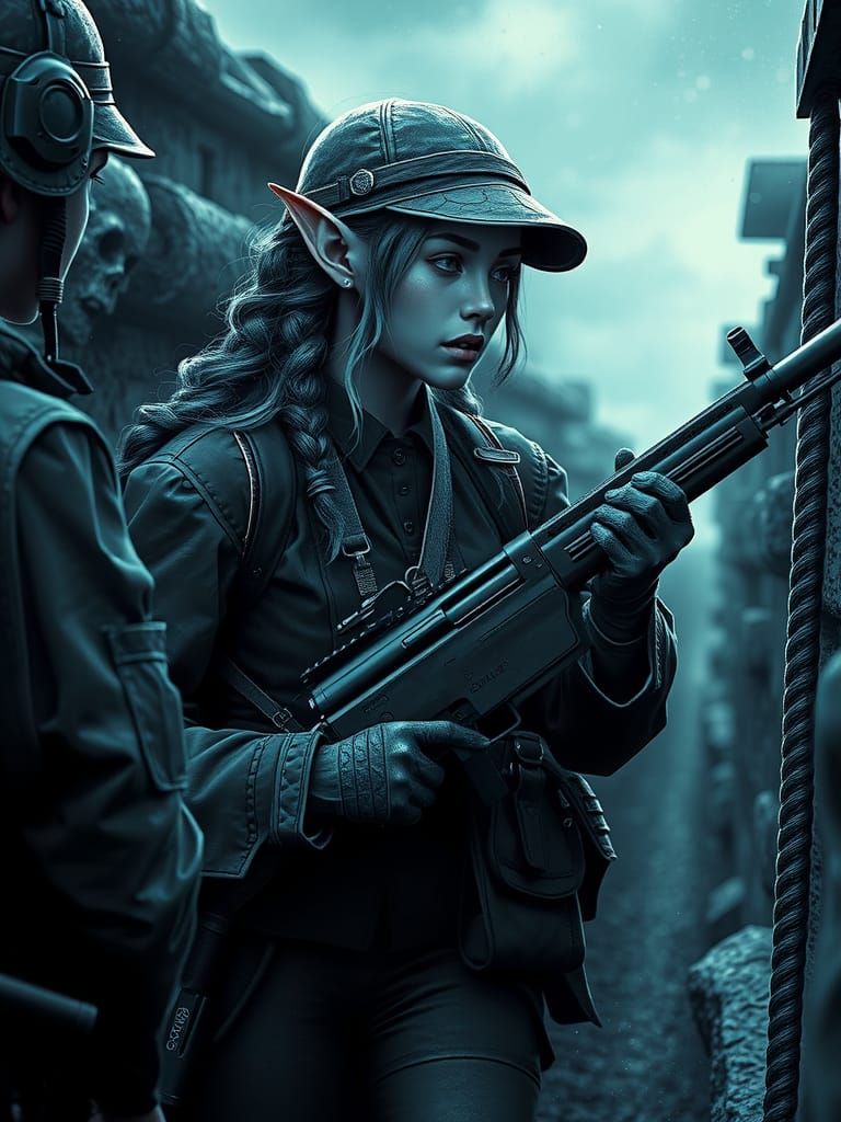 Elf Soldier in WWI Trench with Color Highlights