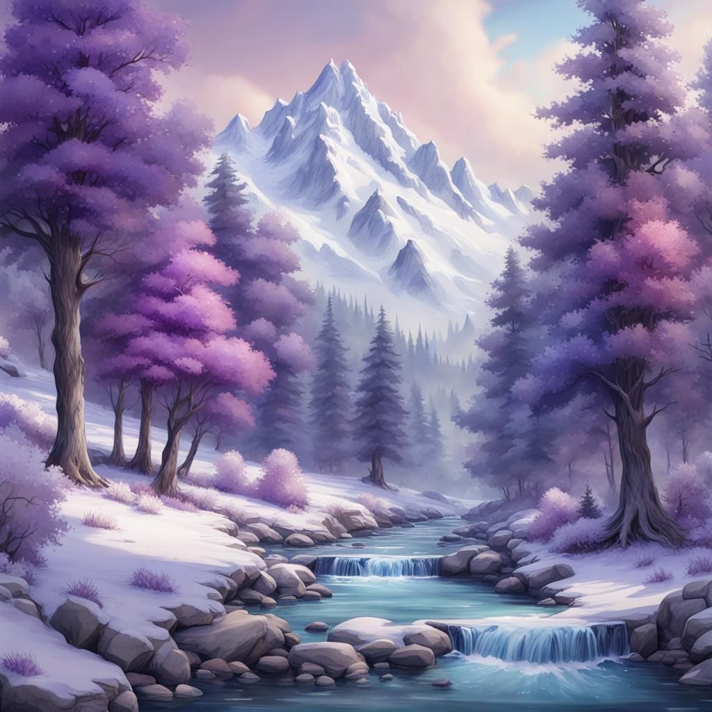 Snowcapped Mountain Stream in Watercolor Style