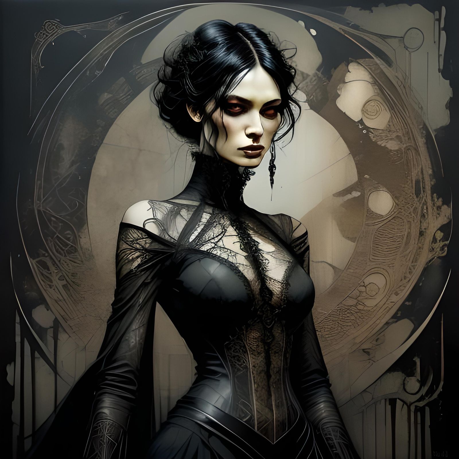 Gothic Girl in Black: Matte Oil Painting
