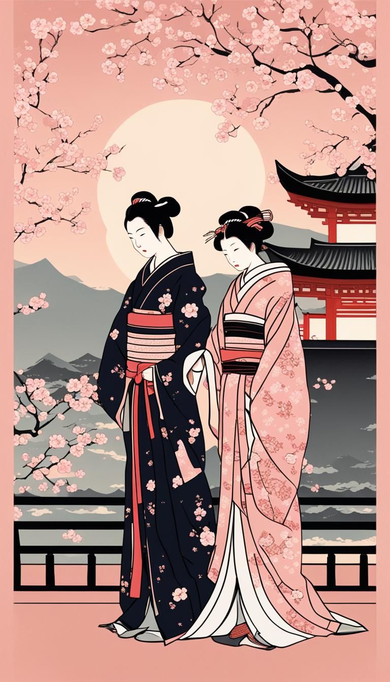 Geisha and Samurai Under Cherry Blossoms in Ukiyo-e Style