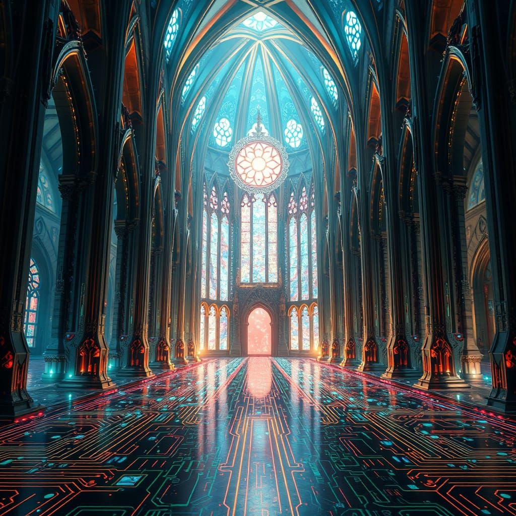 Ethereal Cathedral Circuit Board Radiates Futuristic Glow