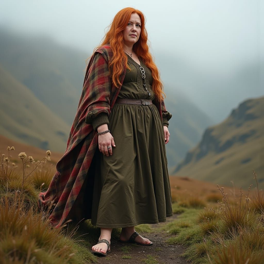 Scottish Highland Woman in Misty Landscape