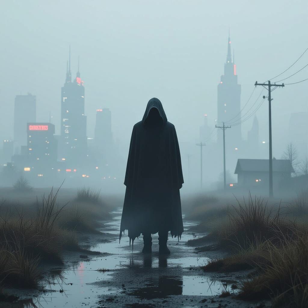 Lone Figure in Misty Futuristic Landscape