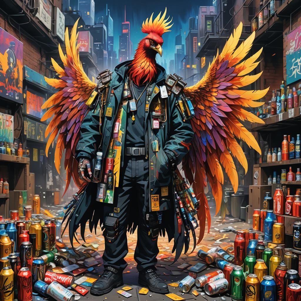 Cyberpunk Phoenix Feather Cybernetician in Neon Cityscape
