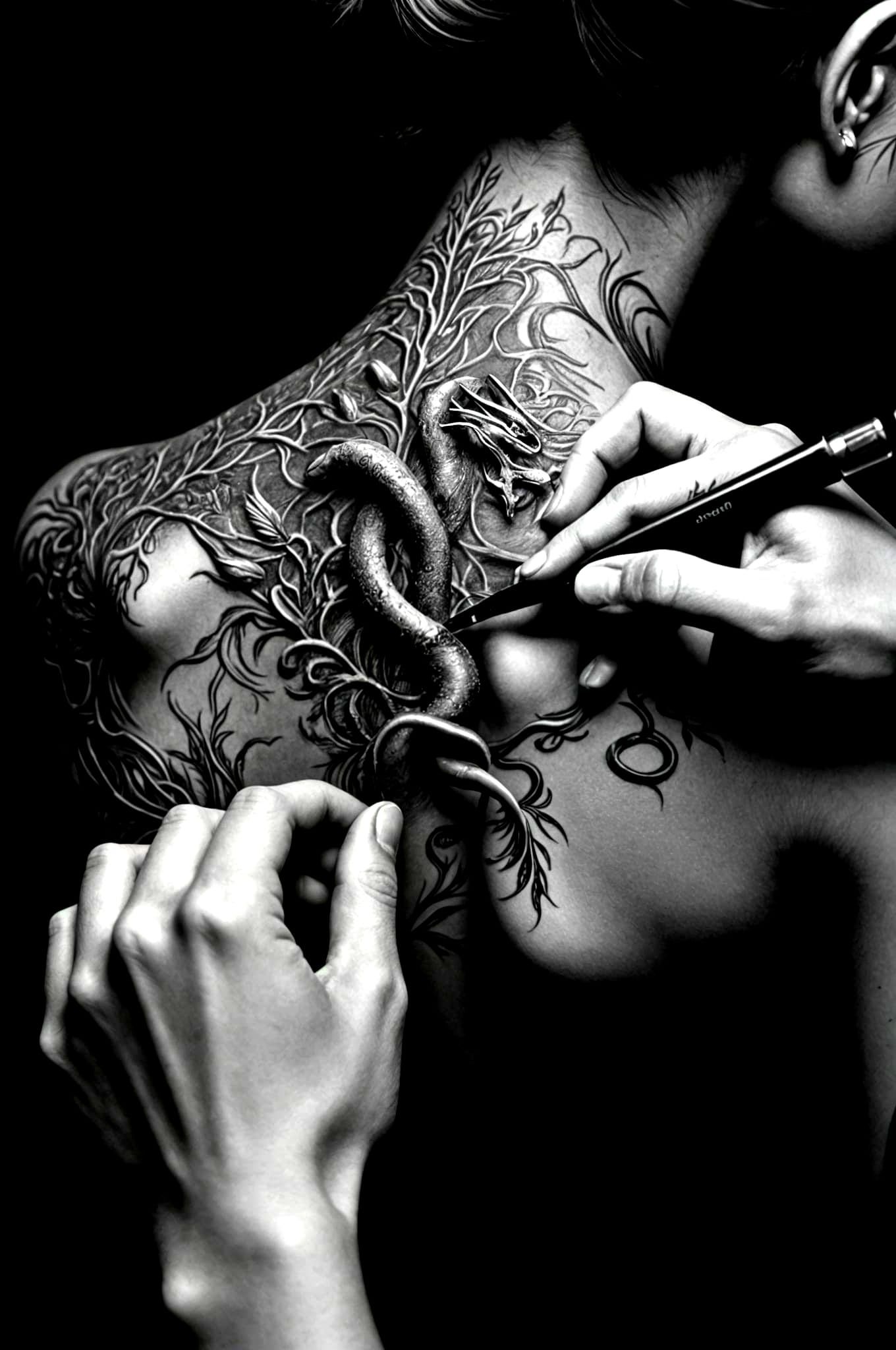 Tattoo Artist's Hands Creating Intricate 3D Tattoo