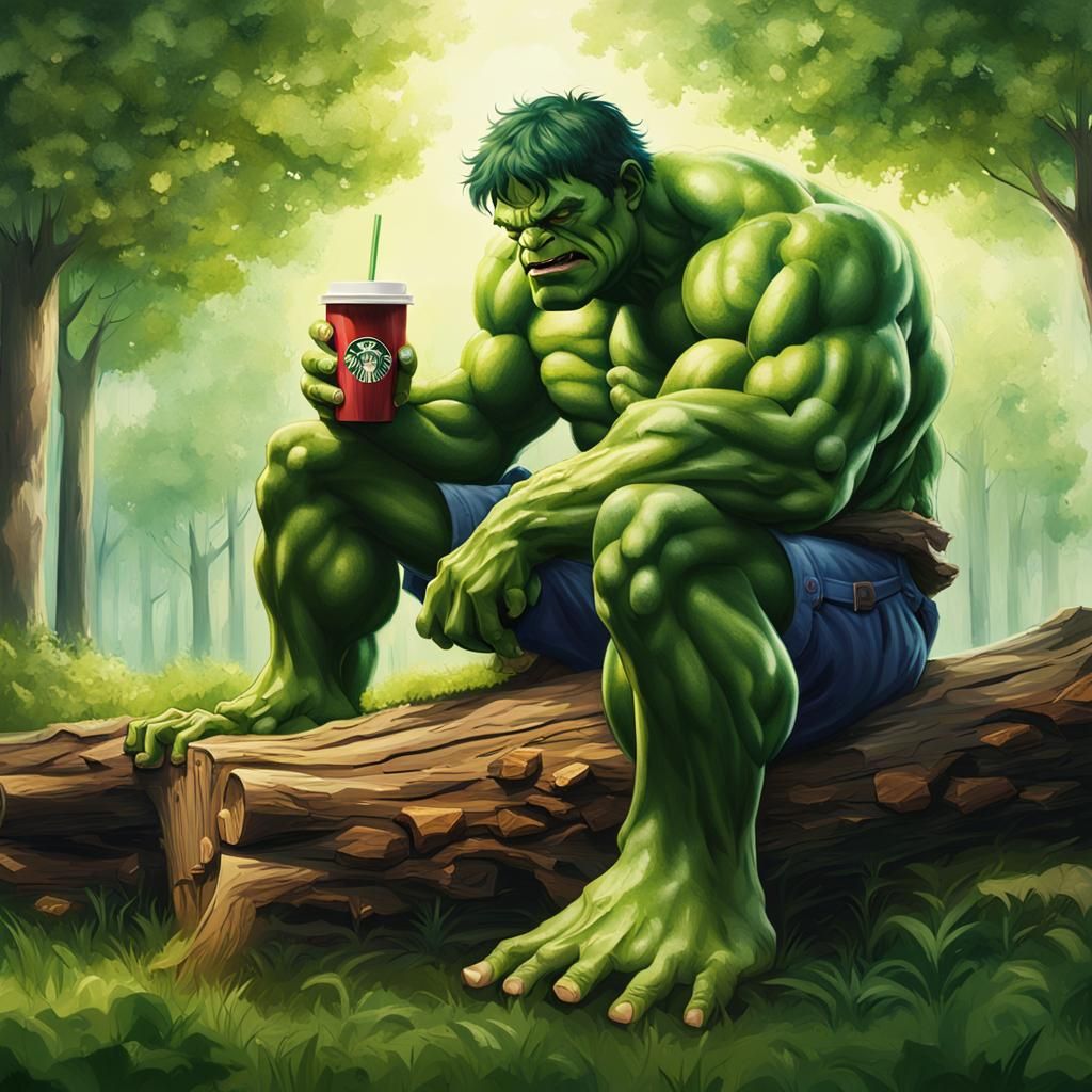 Child Hulk Enjoying Starbucks in Green Wood
