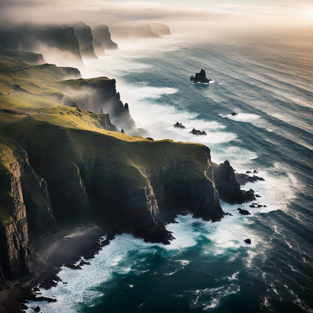 Moody Coastal Landscape with Golden Mist and Soft Focus