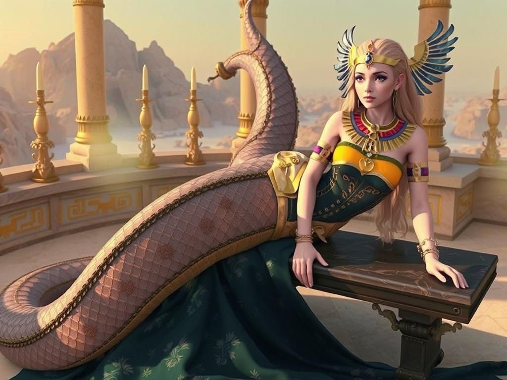 Elegant Lamia on Marble Bench in Egyptian Style