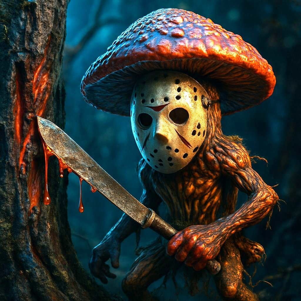 Surreal Fantasy Mushroom Wields Machete in Dark Enchanted Fo...