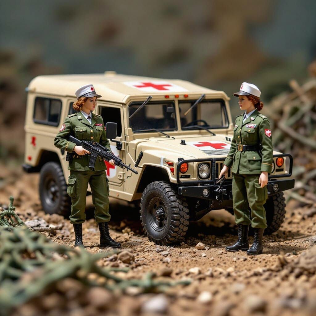 Detailed Military Nurse Diorama with Humvee Van