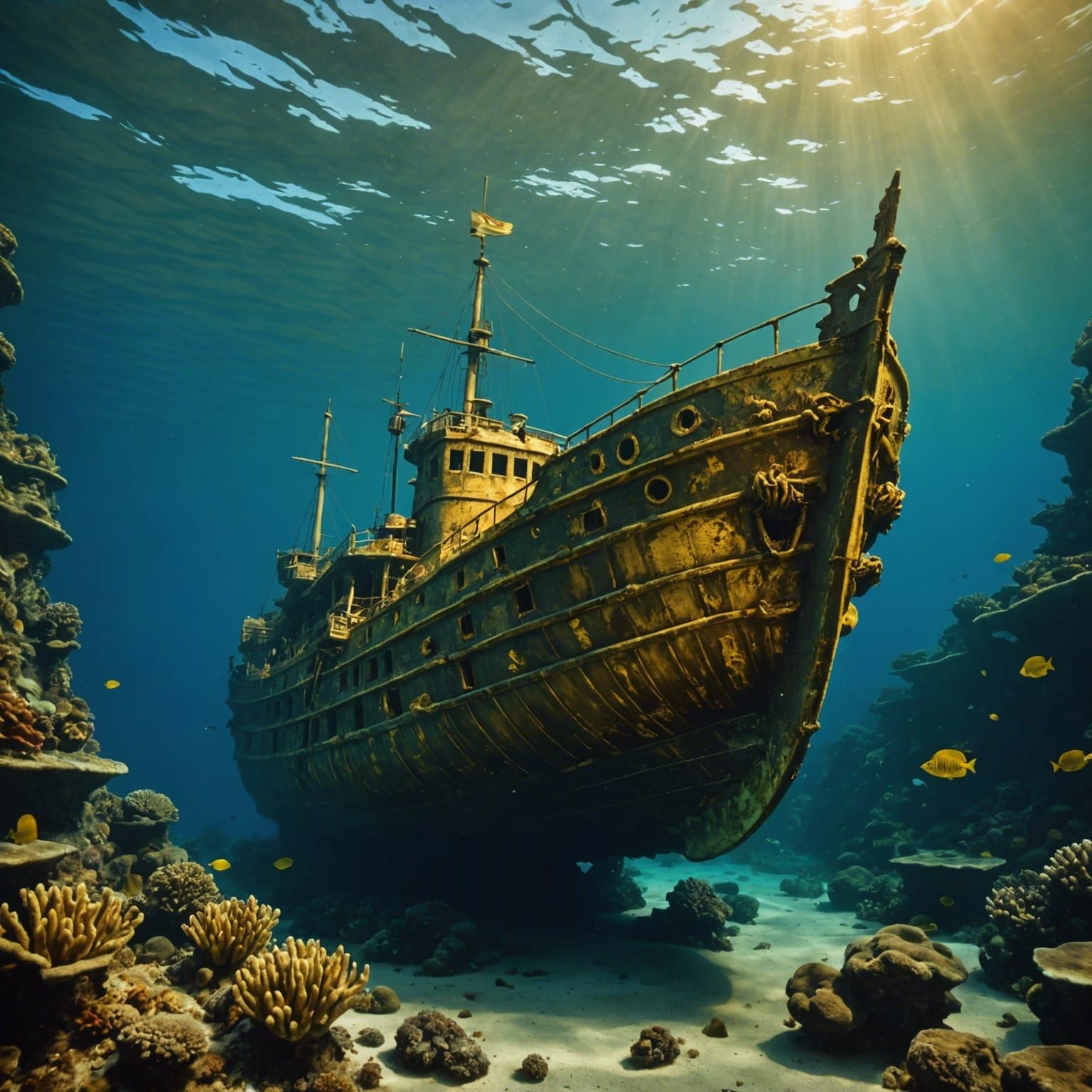 Golden Shipwreck Underwater