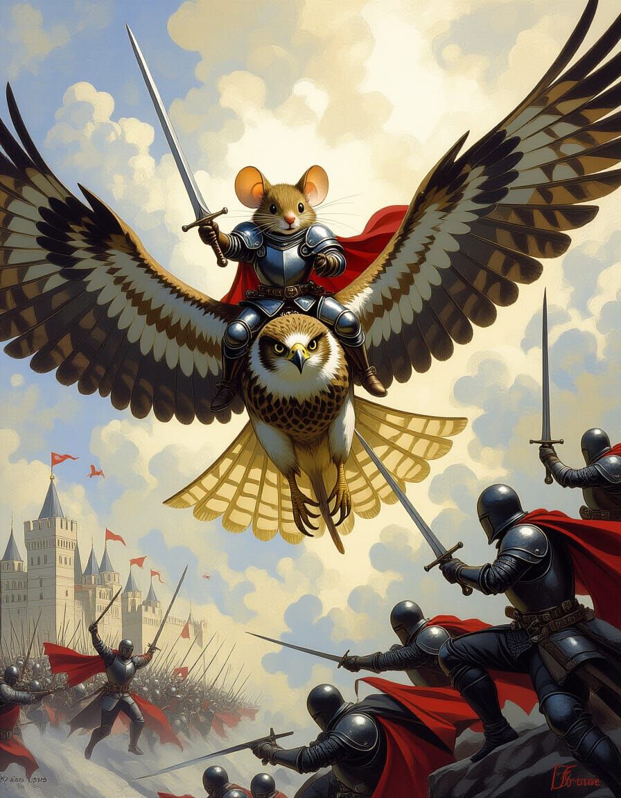 Mouse Knight Rides Hawk into Battle: Epic Fantasy Art