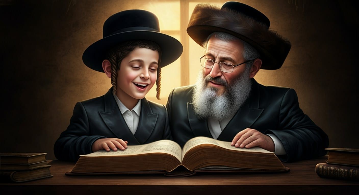 Father and Son Study Torah Together in Warm, Spiritual Setti...