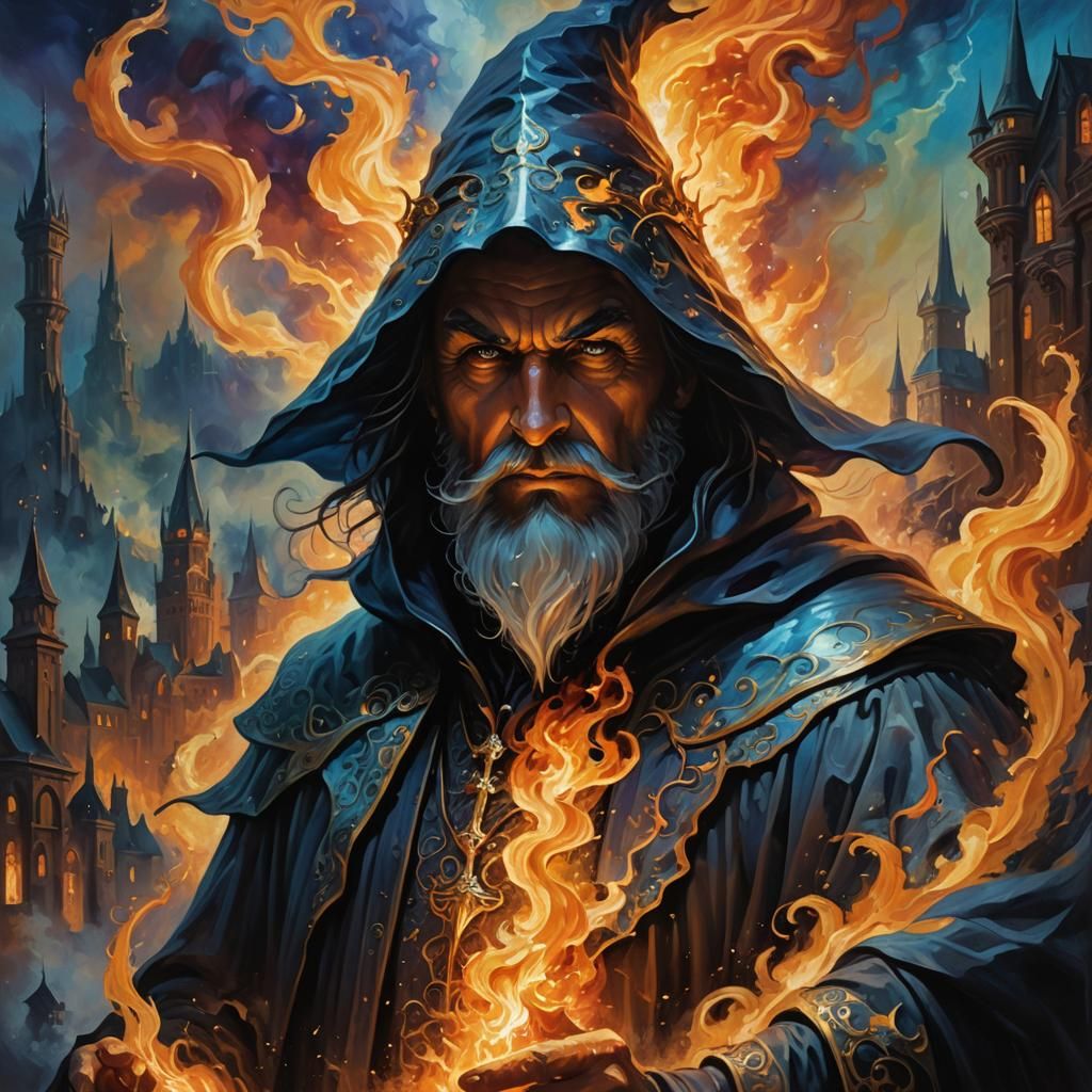 Sinister Wizard Silhouette with Burning City as Impasto Pain...