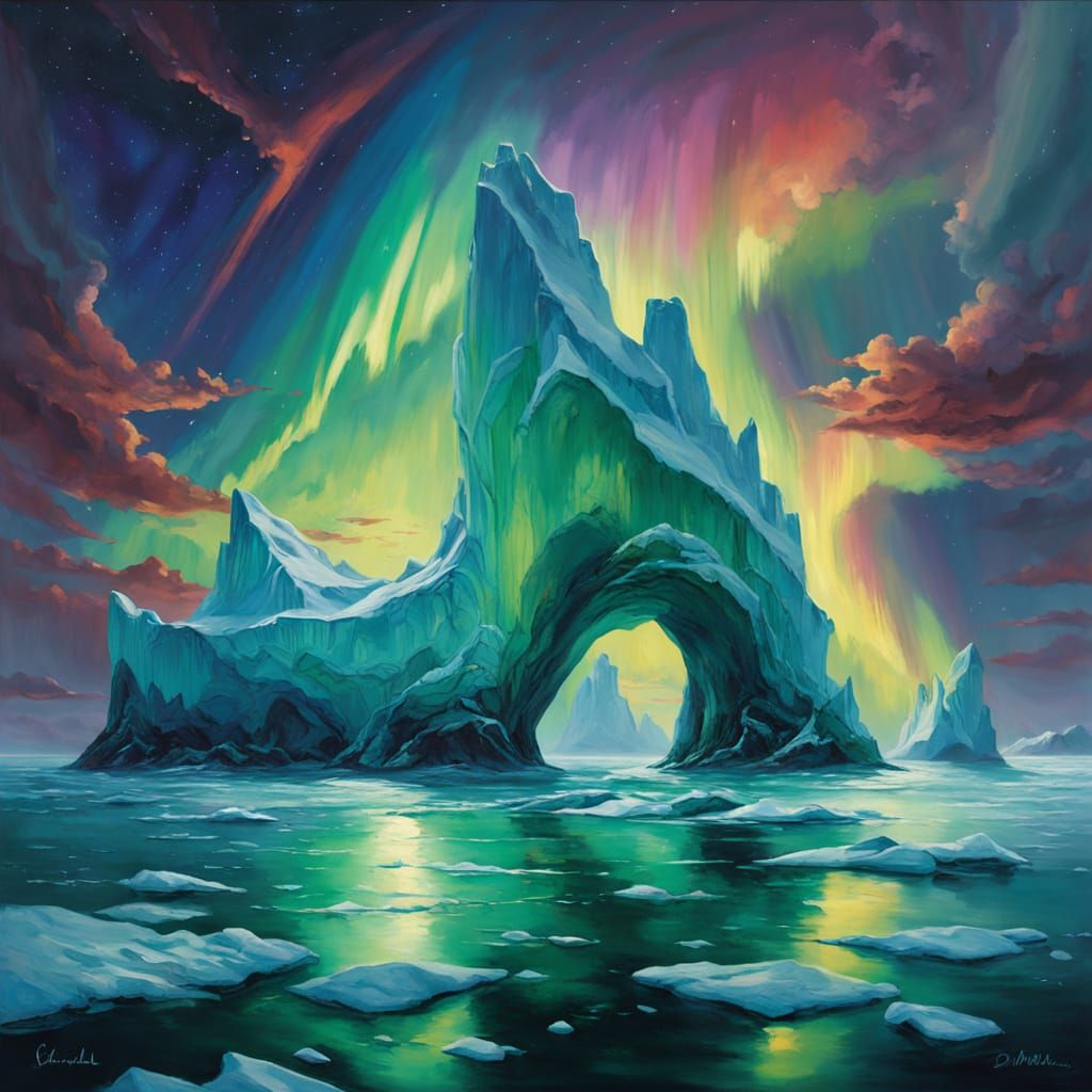 Aurora-Enshrouded Jade Iceberg Ascends Arctic Horizon