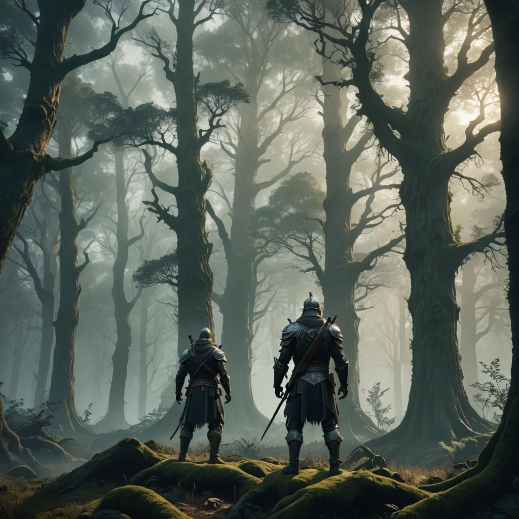 Mystical Forest Landscape with Warrior: 3D Fantasy Art