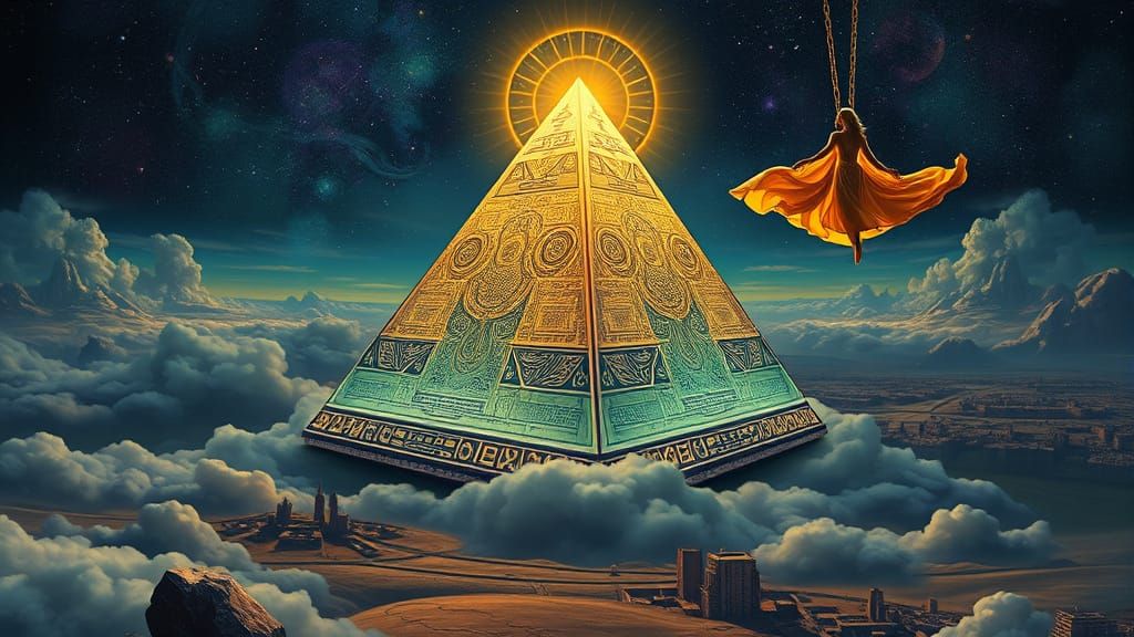 Ethereal Surrealist Pyramid Levitates above Moonlit Cityscap...