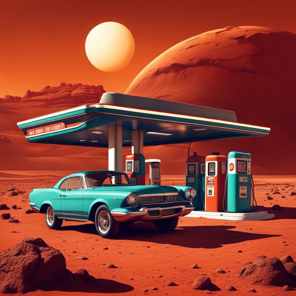 Retro Gas Station on Mars: A Nostalgic Scene