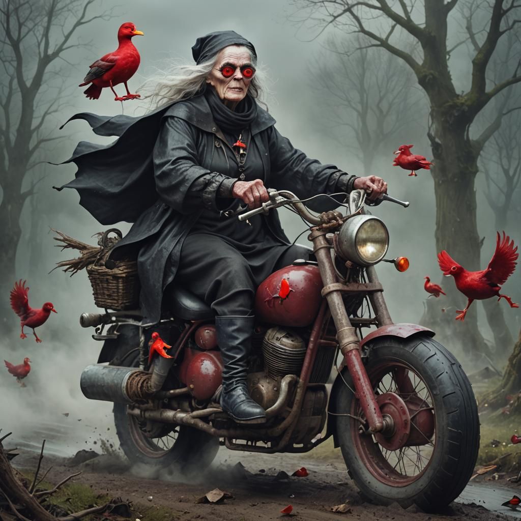 Ethereal Fantasy: One-Eyed Witch on Motorbike