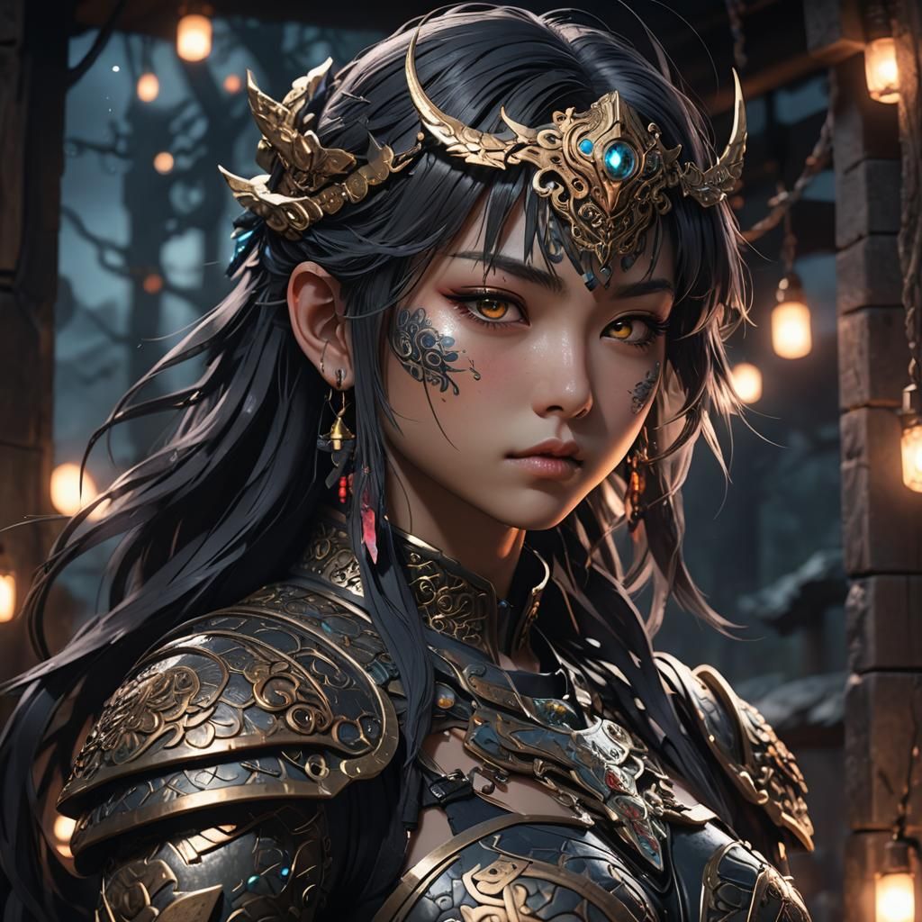 Anguished Warrior in Neon Woodblock Anime Art