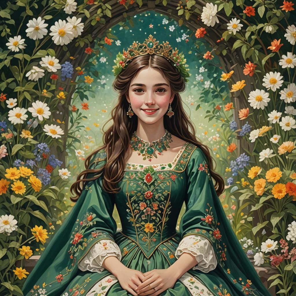 Smiling Woman with Emerald Crown in Ethereal Garden