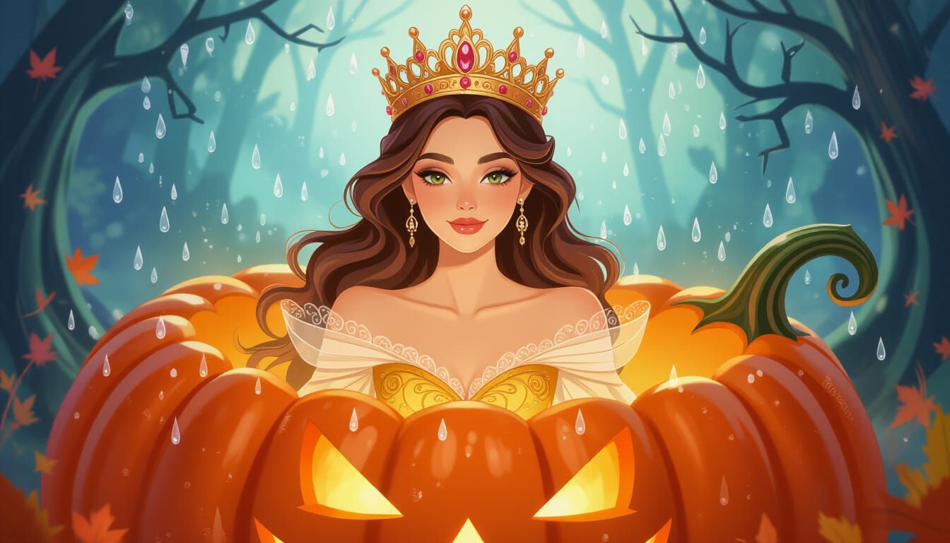 Majestic Queen in Golden Crown Inside Giant Pumpkin