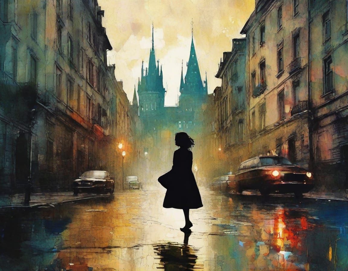 Princess Silhouette Merging with Gothic Cityscape