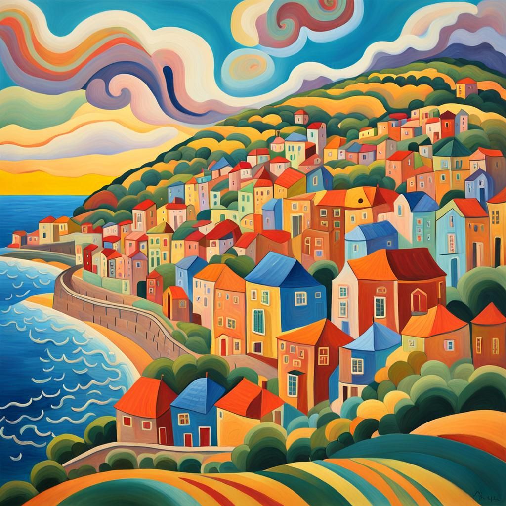 Whimsical Seaside Village in Naive Art Style