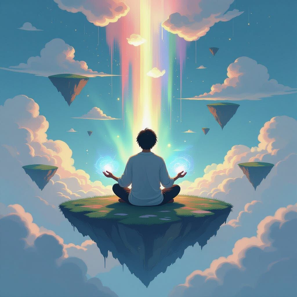 Dreamy Floating Island Figure in Surreal Style