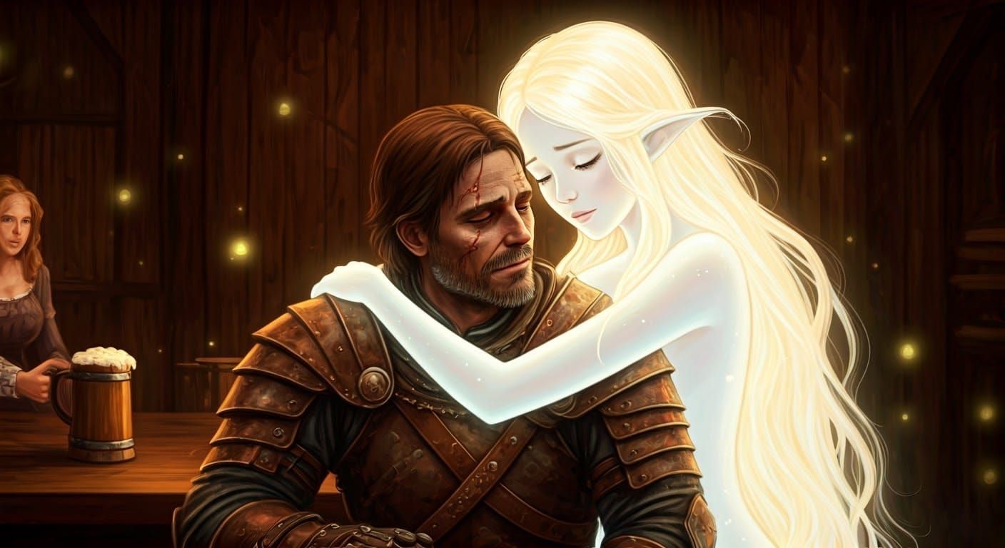 Ethereal Spirit Embraces Adventurer in Tavern