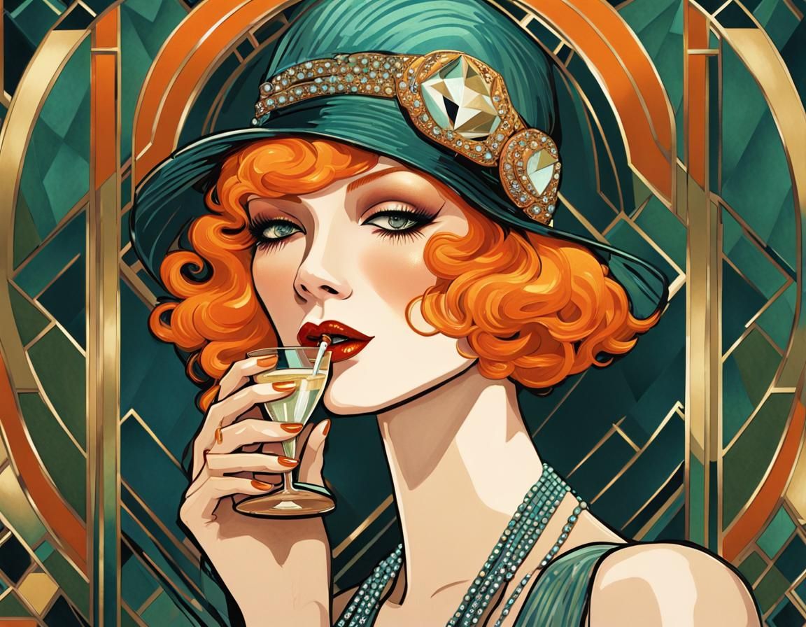 Art Deco Flapper Portrait in Klimt Style