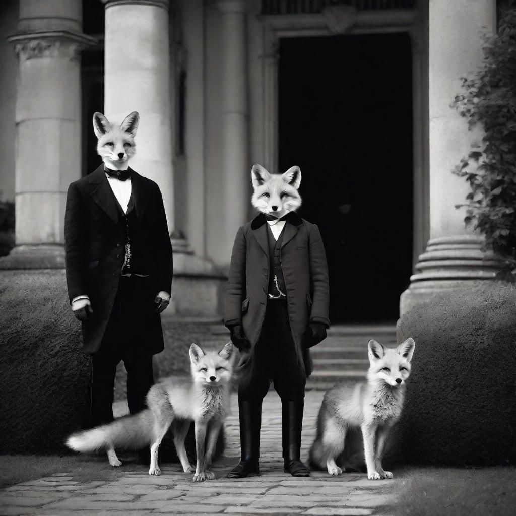 Anthro Fox Family Outside Stately Home, 1899