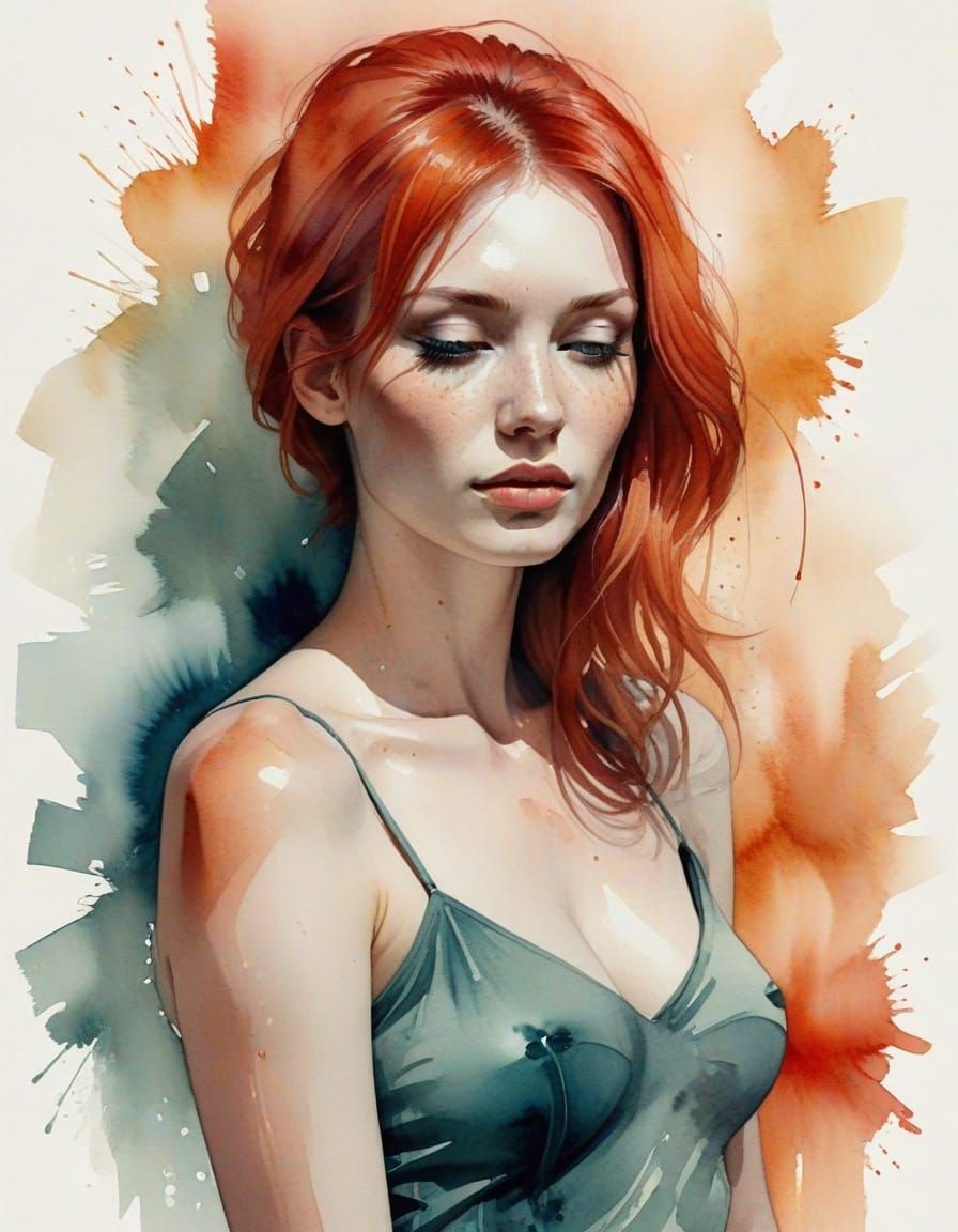 Sensual Woman in Abstract Watercolor Fashion Sketch