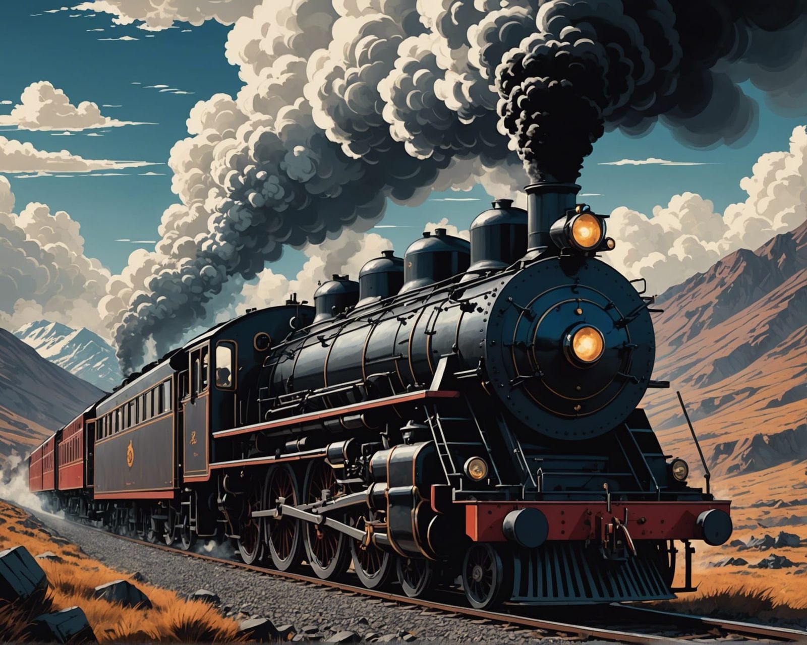 Detailed Steam Locomotive in Psychedelic Comic Art Style
