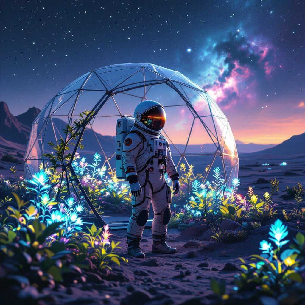 Astronaut in Bioluminescent Dome: Science Fiction Art