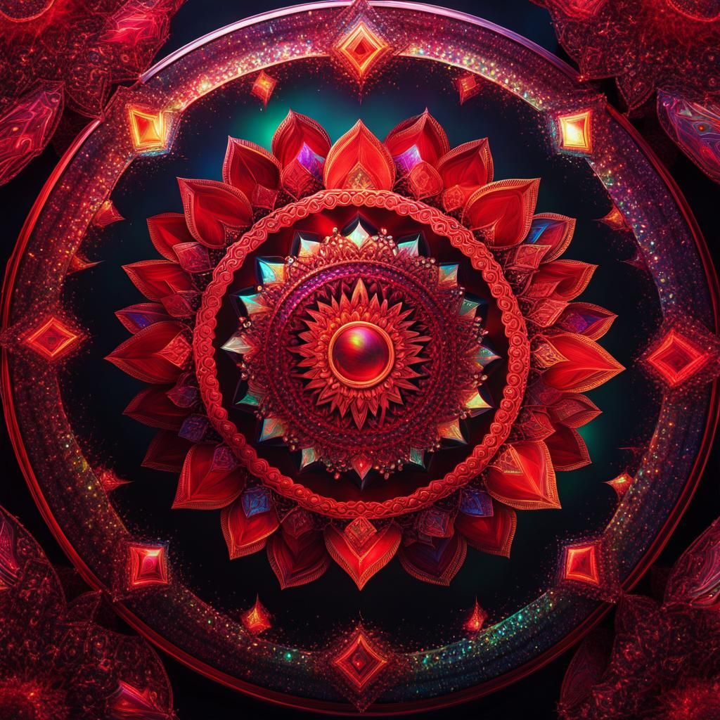 Holographic Red Diamond Mandala in Mixed Media
