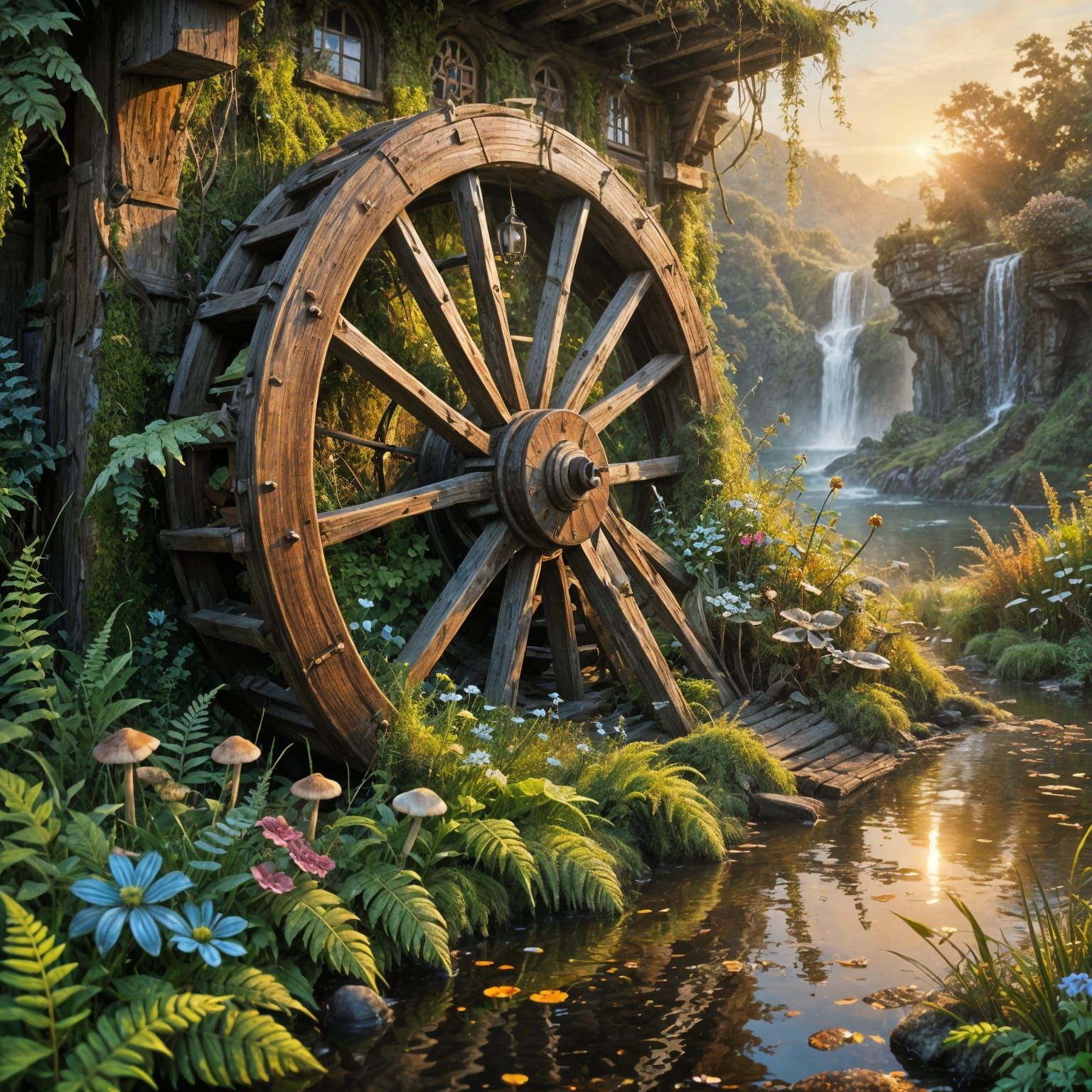 Ancient Waterwheel's Forgotten Beauty in Whimsical Sunset Hu...
