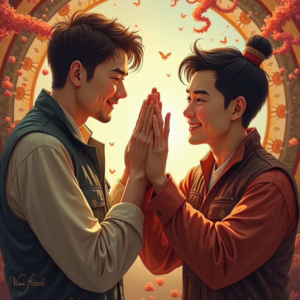 Men High-Fiving in Dreamlike Fantasy Art