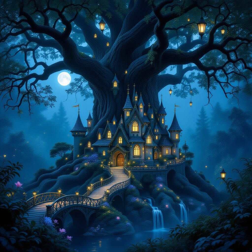 Fairy Kingdom by Ancient Tree in Enchanted Forest