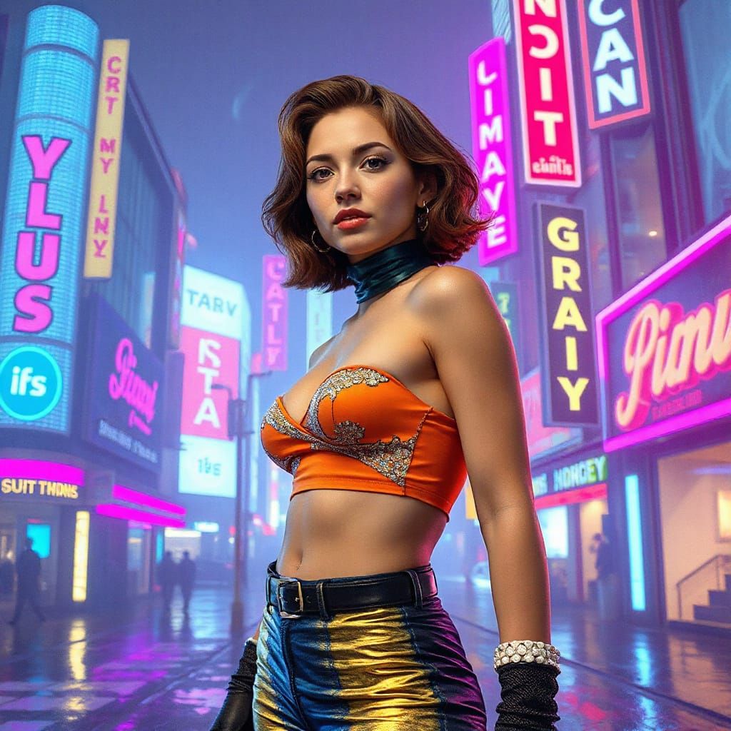 Cyberpunk Woman in Neon Cityscape Art