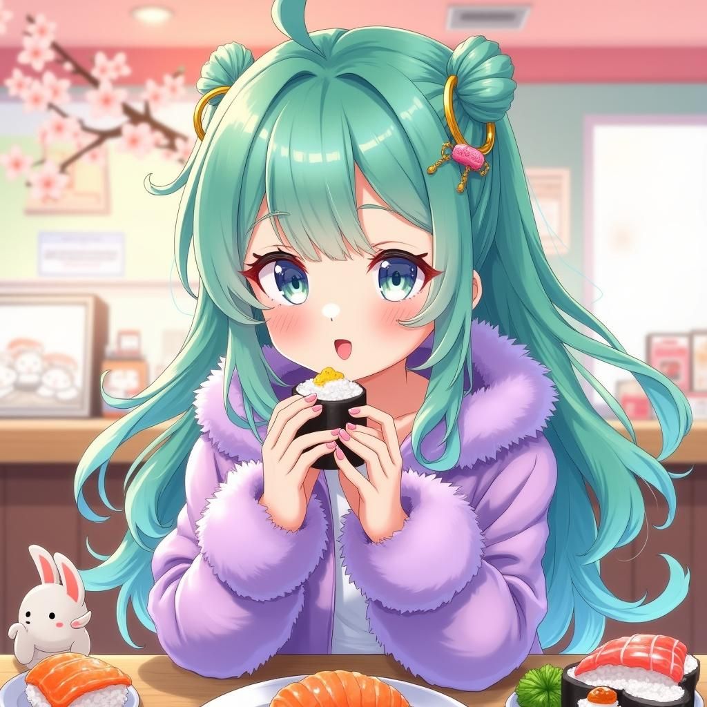 Anime Girl in Kawaii Sushi Shop with Cherry Blossoms