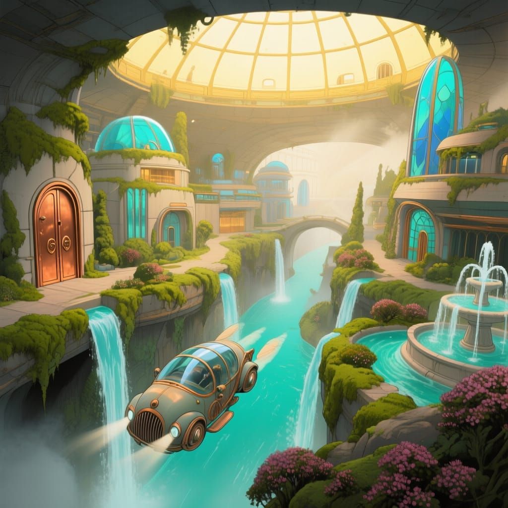 Alter detail a view from above of a utopian underground city and a futuristic fantasy style based on Jules Verner’s book...