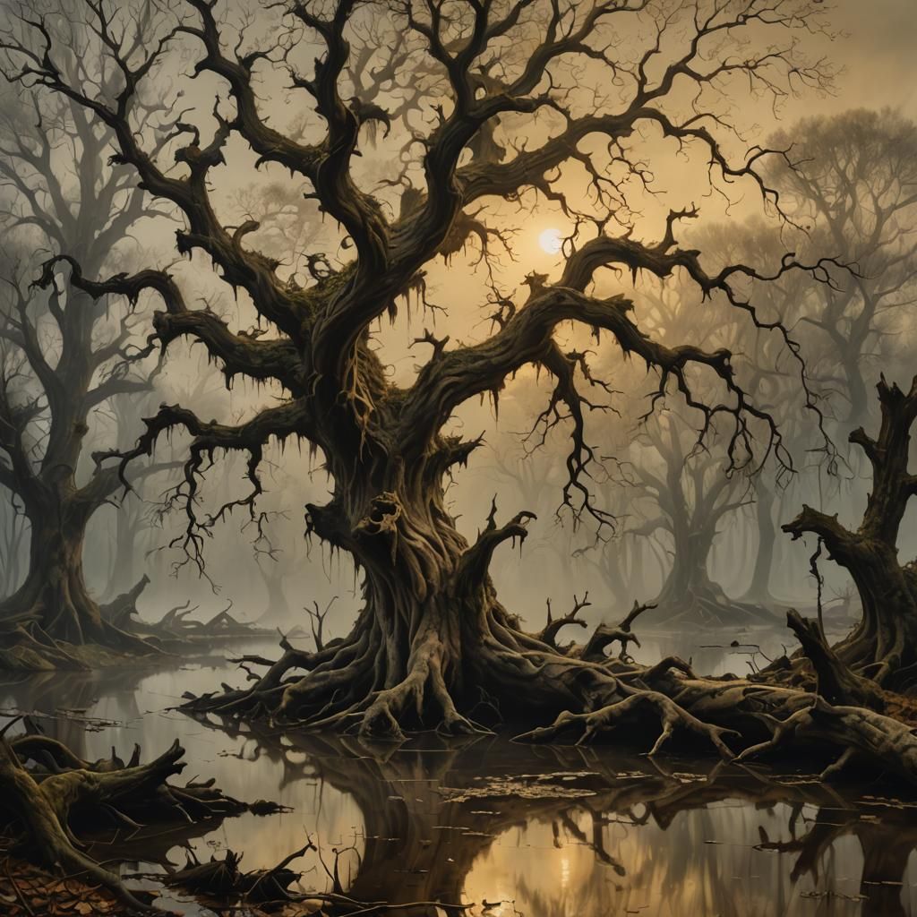 Gnarled Tree in Misty Swamp: Renaissance Oil Painting