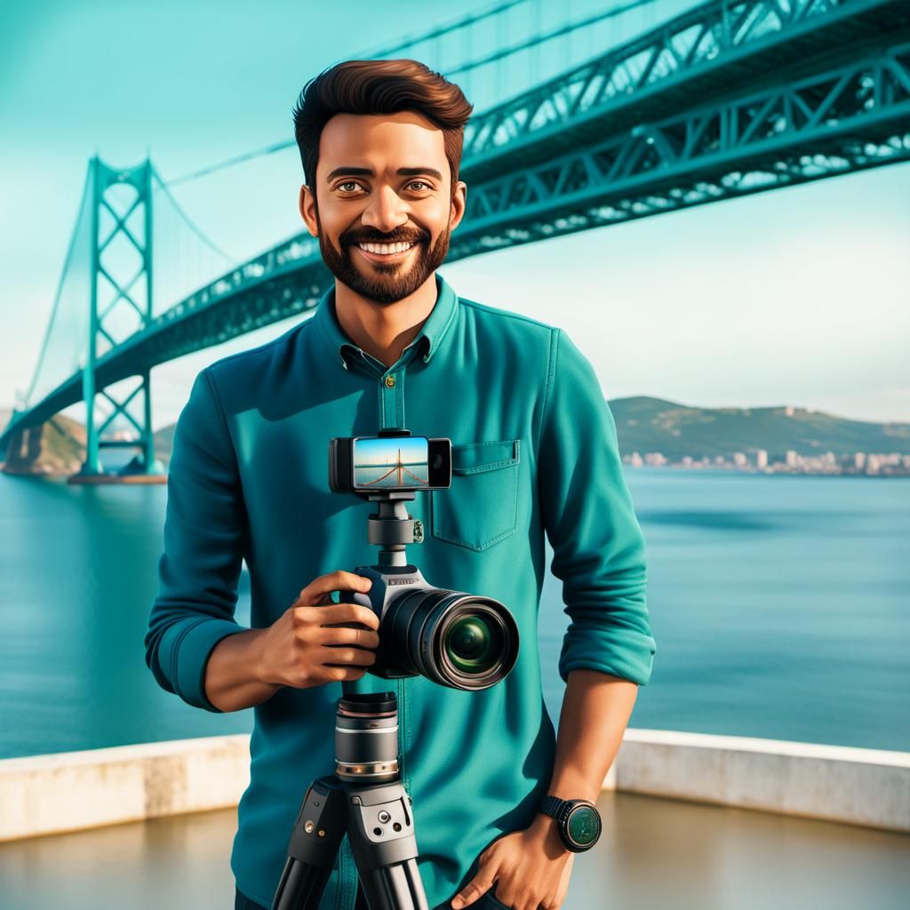 Confident Person Holding Gimbal at 25 de Abril Bridge