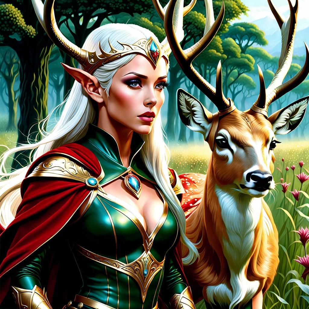 High Elf Huntress Rides Deer in Enchanted Field
