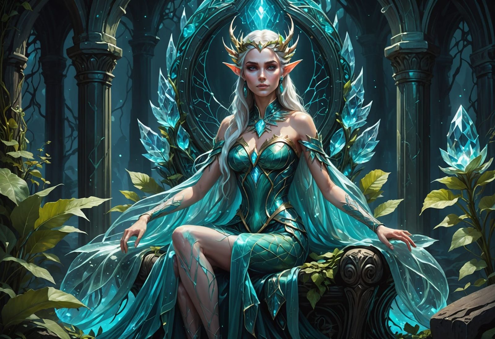 Majestic Elf Queen on Crystal Throne, Ethereal Glow