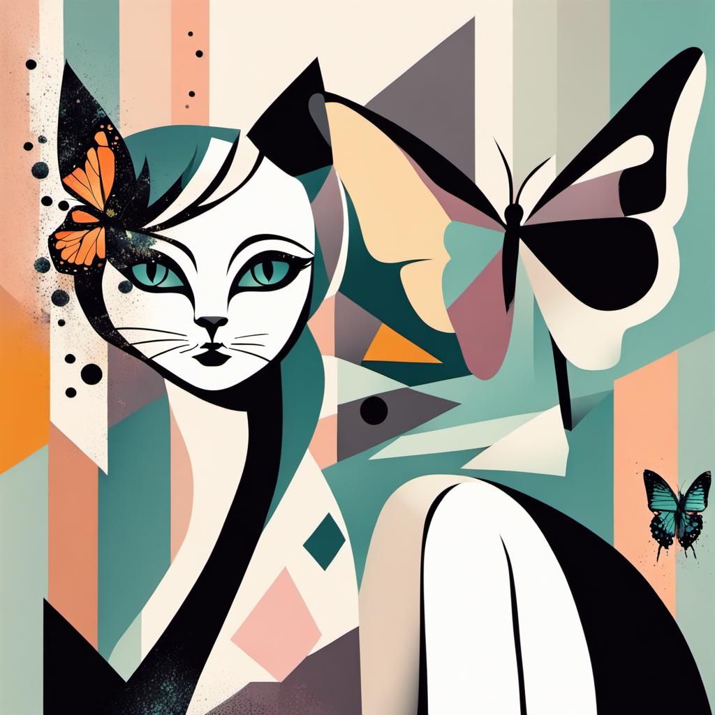 Abstract Cat and Butterfly Woman in Pastel Colors
