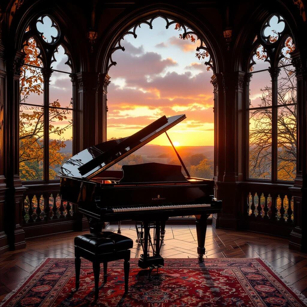 Melancholic Piano in Gothic Victorian Manor at Sunset