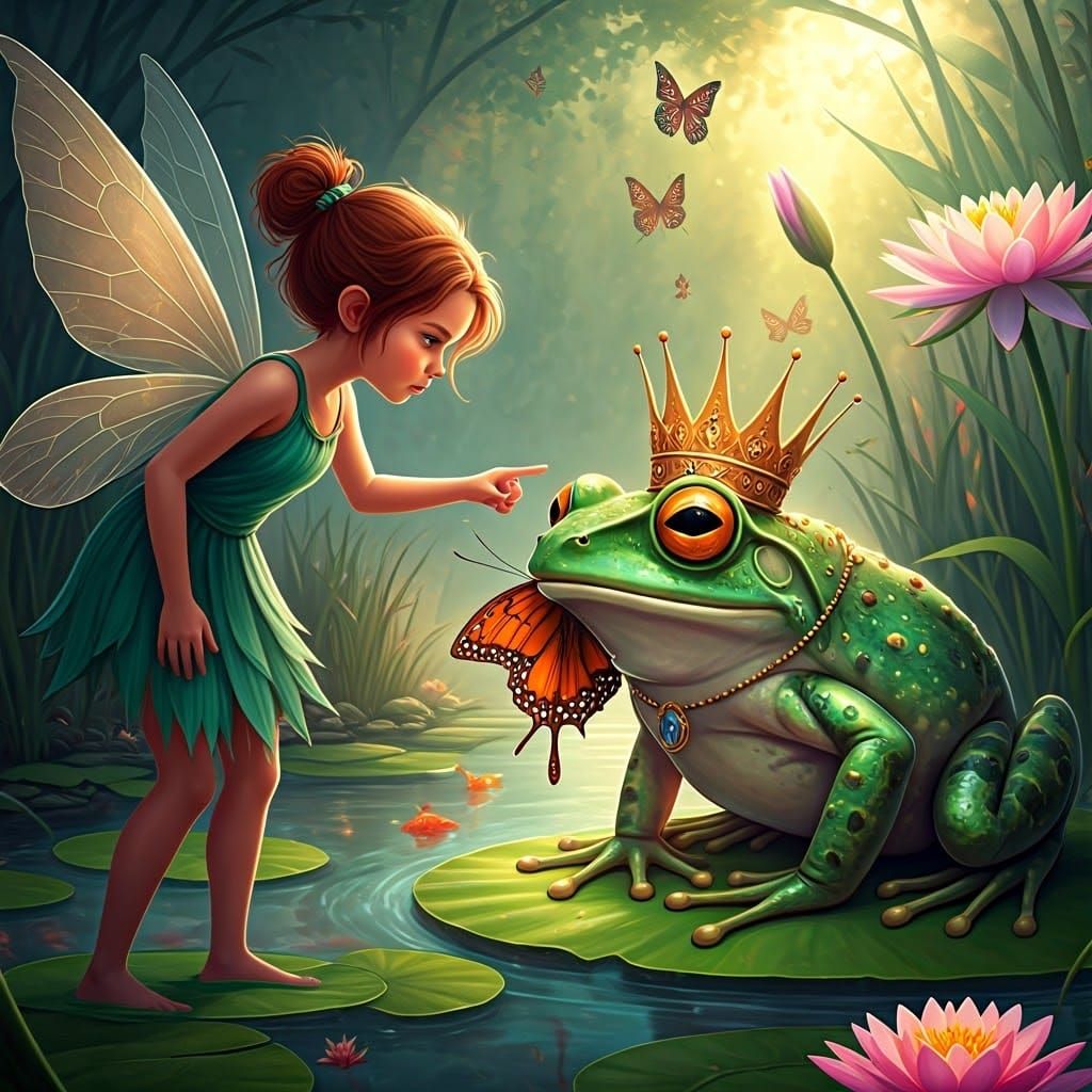 Fairy Confronts Butterfly-Eating Frog King