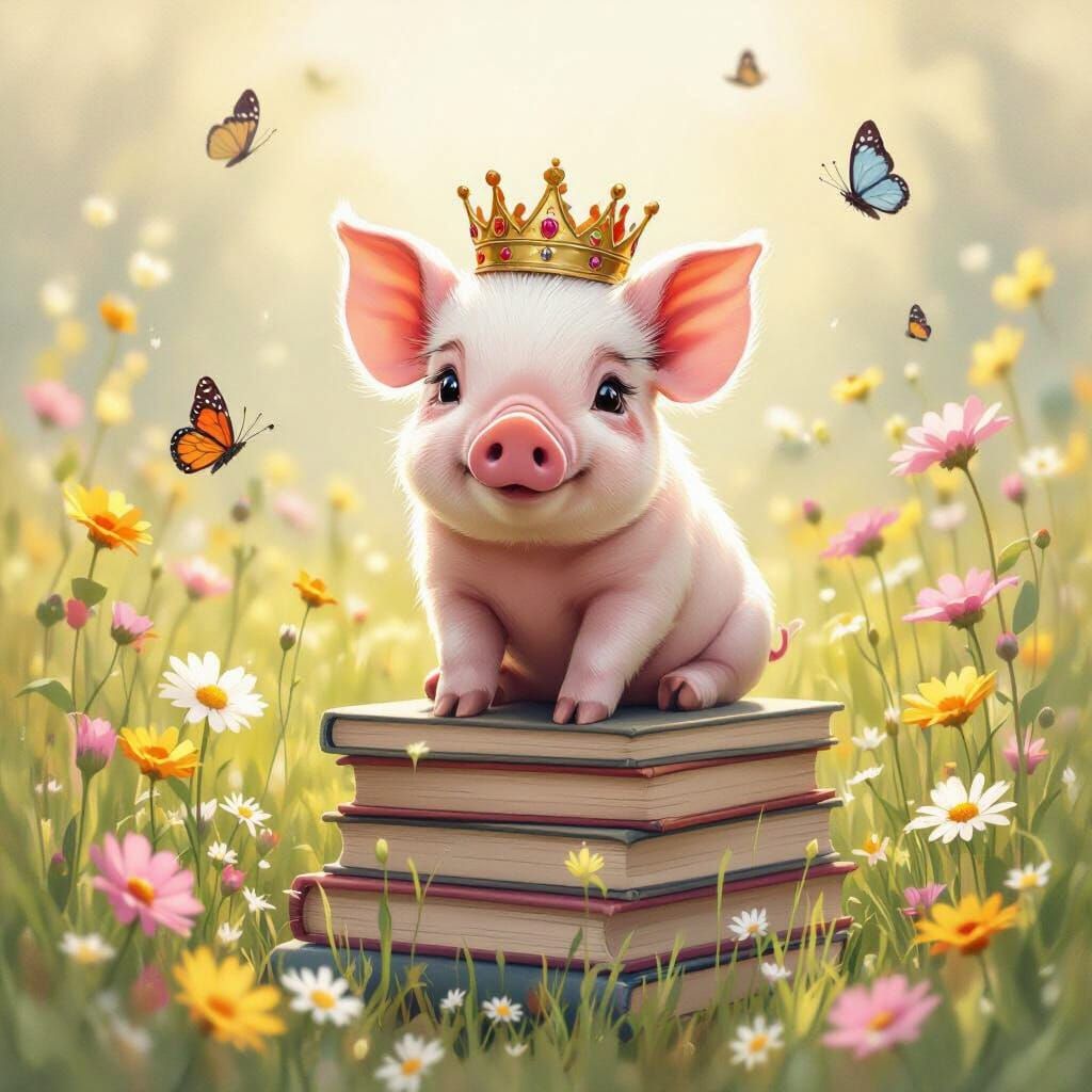 Whimsical Piglet in Meadow, Evoking Storybook Style